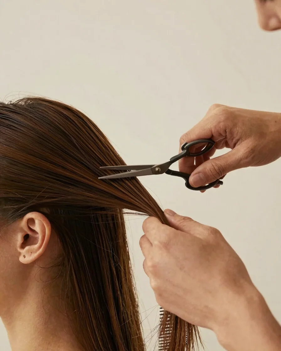 Editorial beauty photography, soft diffused light, warm neutral tones. A stylist's hands mid-cut on a client's hair, clo